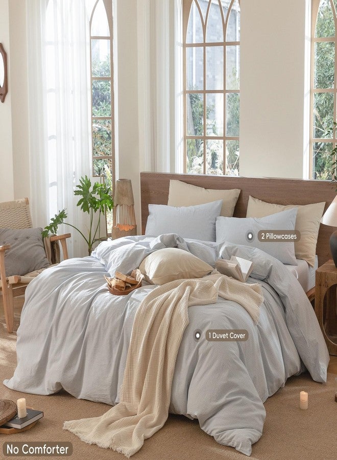 MooMee Striped Duvet Cover Set 100% Washed Cotton Linen Like Textured Breathable Durable Soft Comfy (Cornflower Blue White Pinstripes, Cal King 104"x98") - Image 2