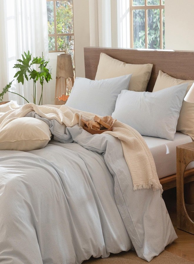 MooMee Striped Duvet Cover Set 100% Washed Cotton Linen Like Textured Breathable Durable Soft Comfy (Cornflower Blue White Pinstripes, Cal King 104"x98") - Image 3