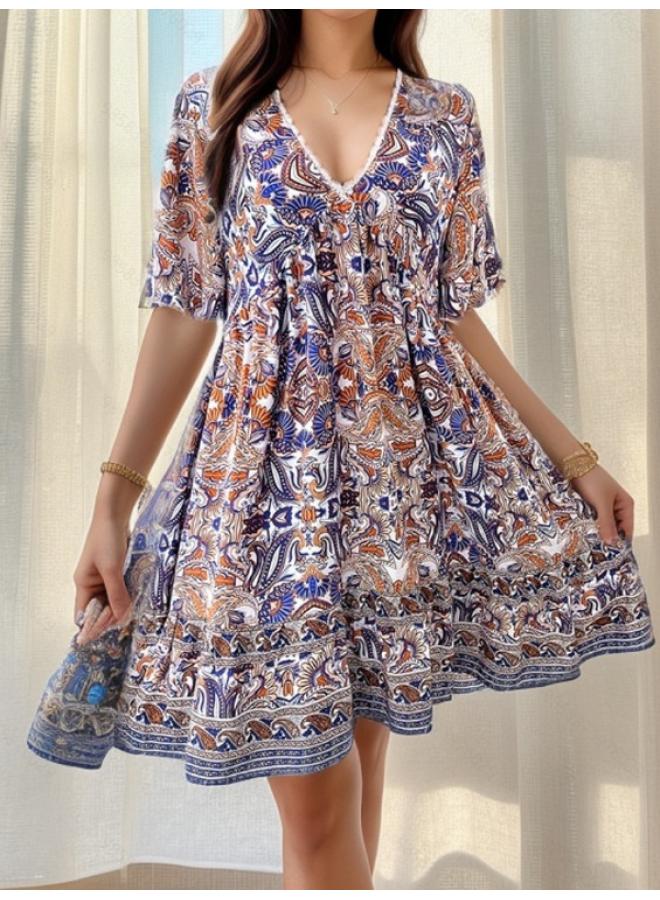 Temu Women's Spring And Summer Vacation Casual Printed V-neck Dress