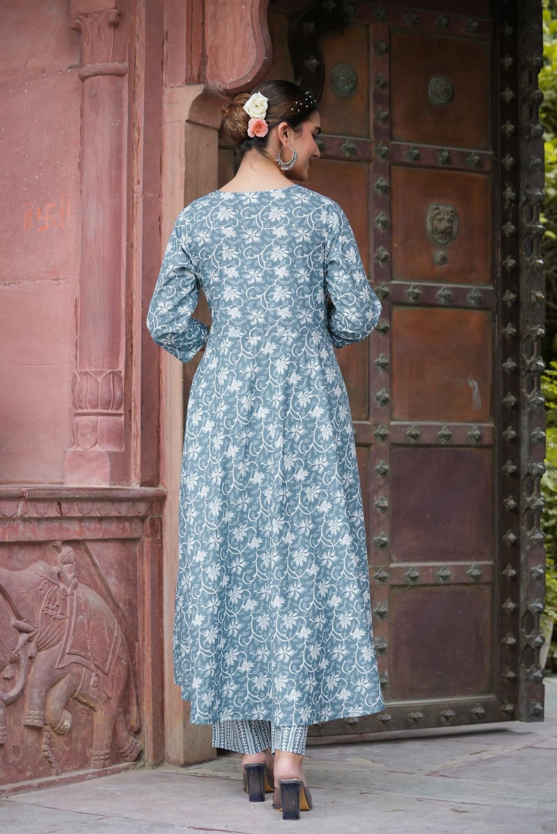 Yash Gallery Women's Cotton Floral Printed Anarkali Kurta with Pants & Dupatta Set (1572YKBLUE, 8XL, Blue) - Image 2
