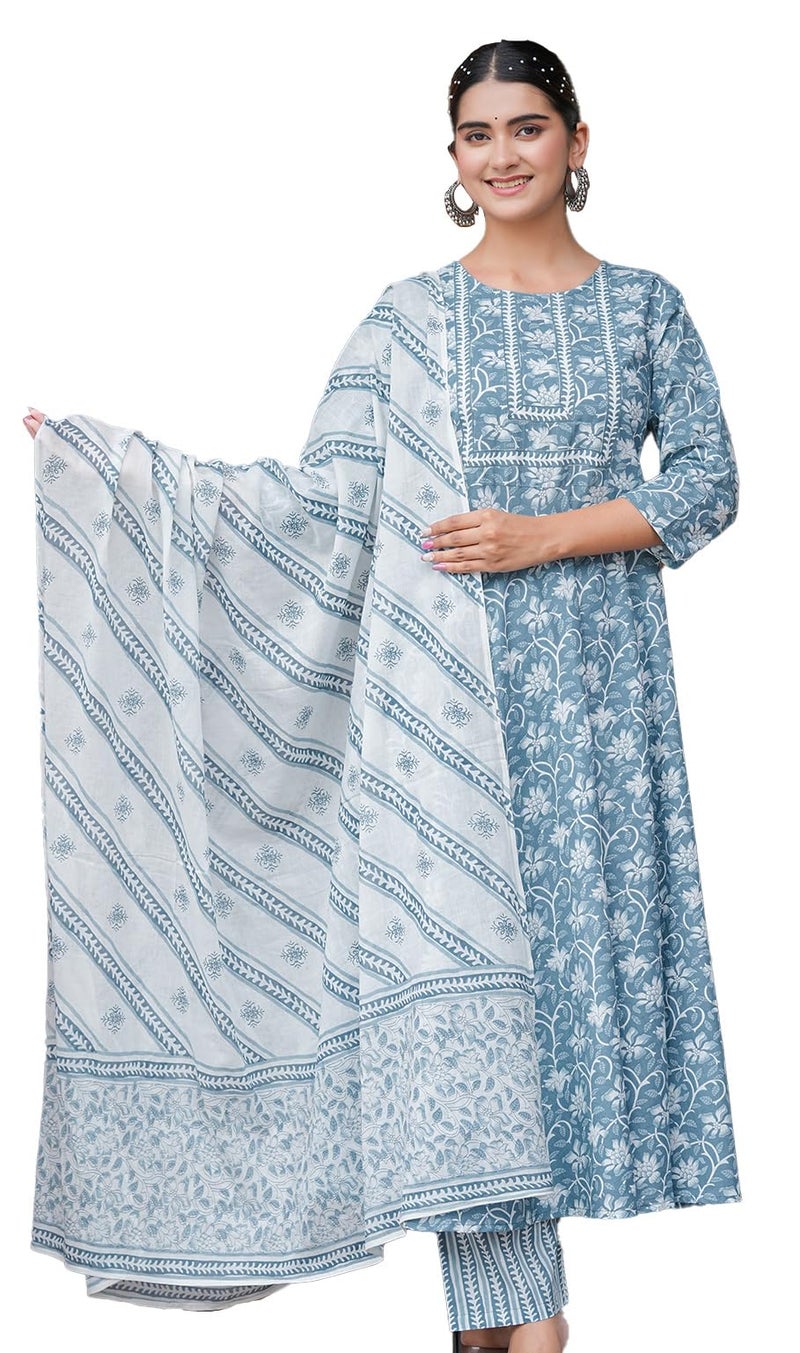 Yash Gallery Women's Cotton Floral Printed Anarkali Kurta with Pants & Dupatta Set (1572YKBLUE, 8XL, Blue) - Image 1