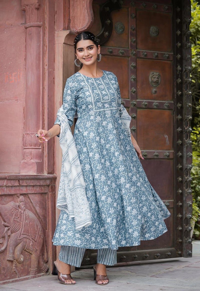Yash Gallery Women's Cotton Floral Printed Anarkali Kurta with Pants & Dupatta Set (1572YKBLUE, 8XL, Blue) - Image 4