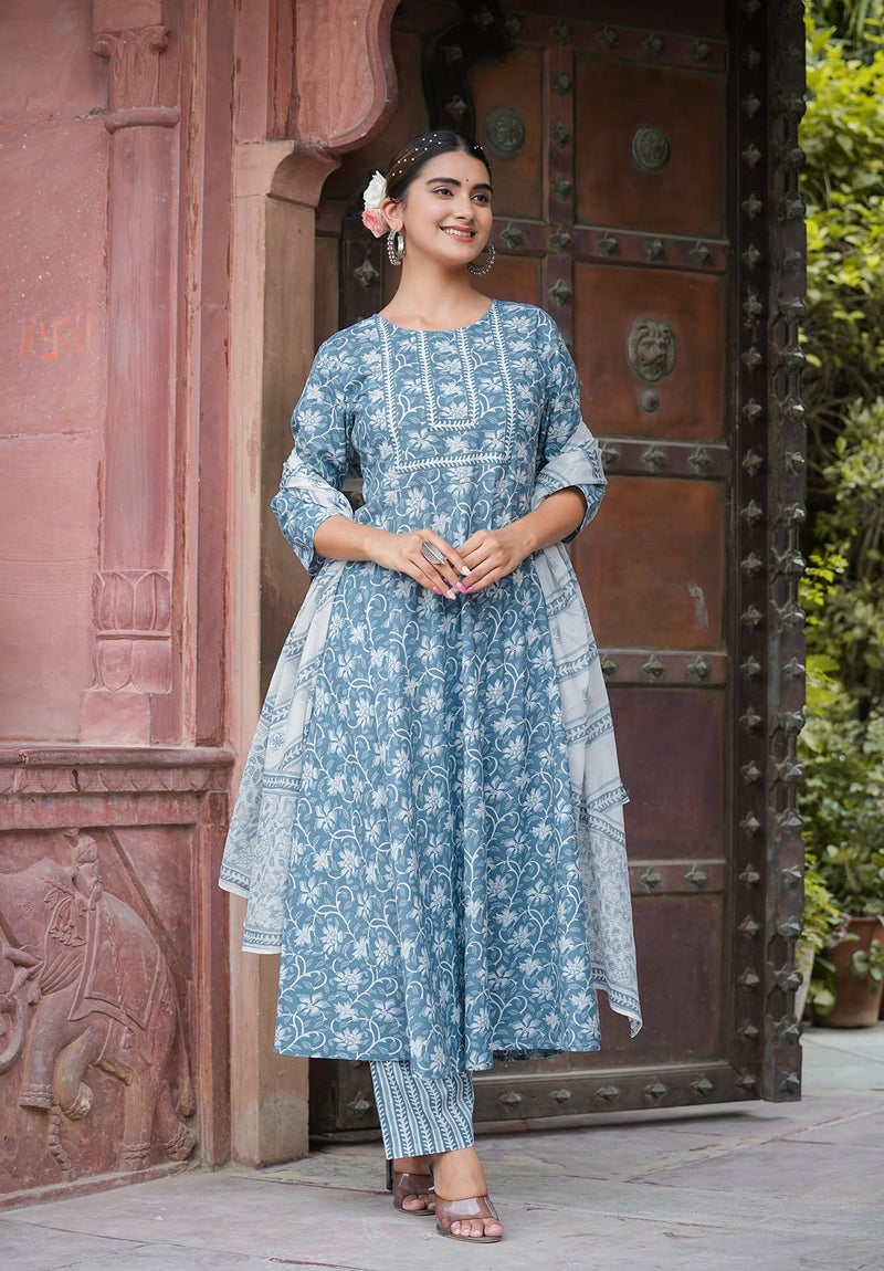 Yash Gallery Women's Cotton Floral Printed Anarkali Kurta with Pants & Dupatta Set (1572YKBLUE, 8XL, Blue) - Image 3