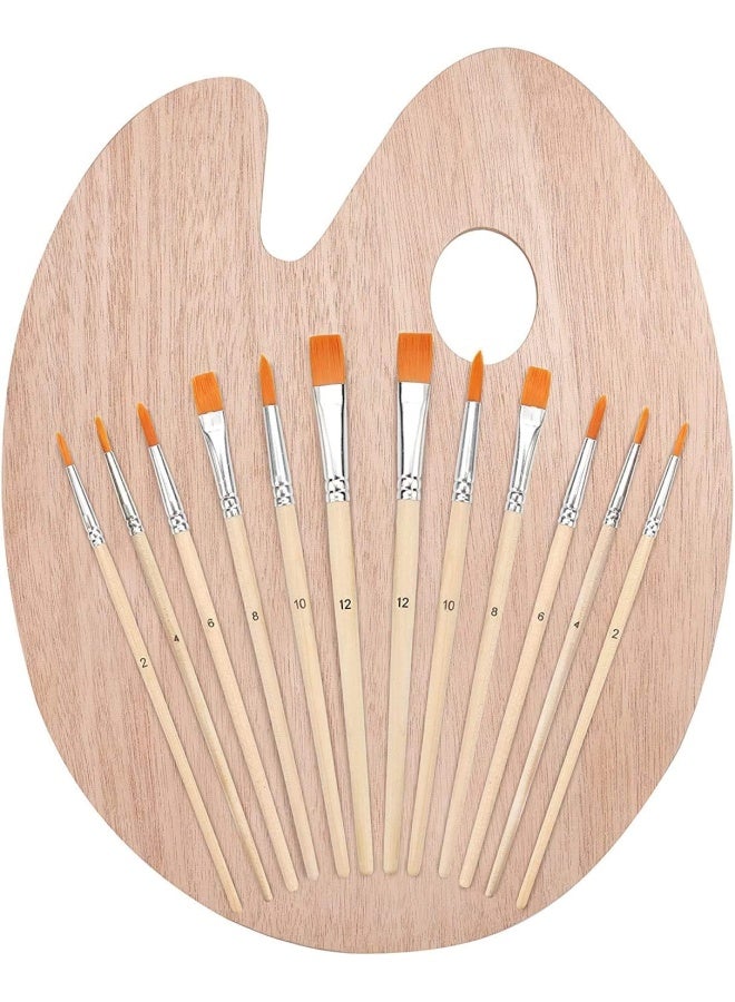Paint Brush Set With Wooden Palette (12 Brushes)  Hand Held Oval Artists Painters Pallette - Use With Acrylic, Oil  Watercolour Paints, Burshes For Painting Canvas, Paintings- Adults Kids Tray Board - Image 1