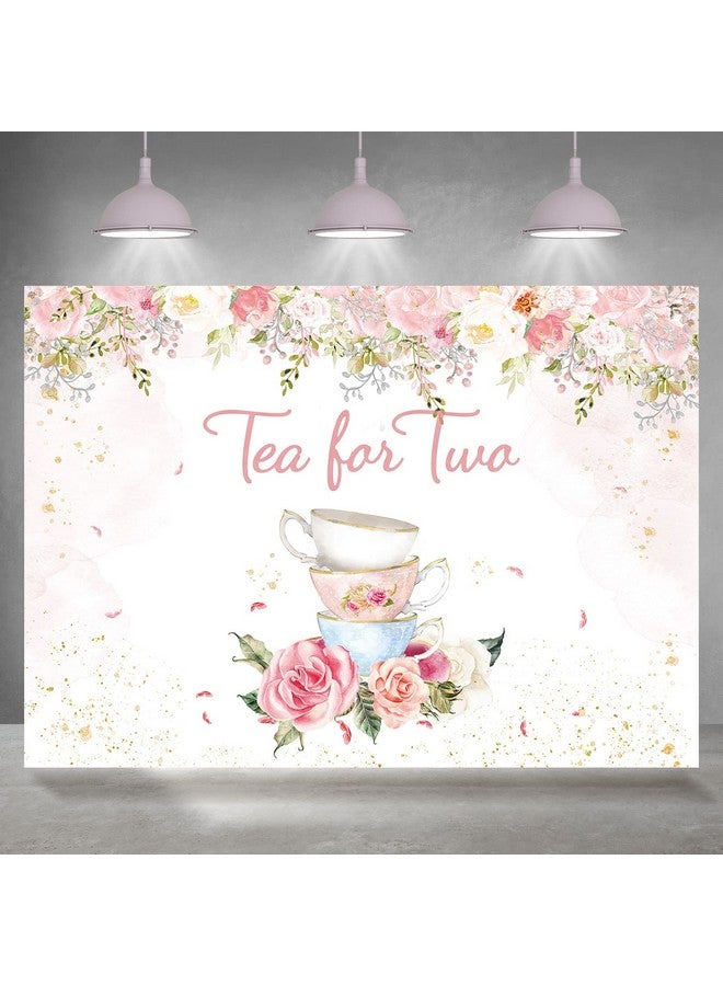 Rsuuinu Tea For Two Backdrop 2Nd Birthday For Baby Girls Photography Background Pink Blush Gold Dots Floral Tea Party Picture Afternoon Banner Party Decor Kids Birthday Supplies Photo Booth 7X5Ft  - Image 1