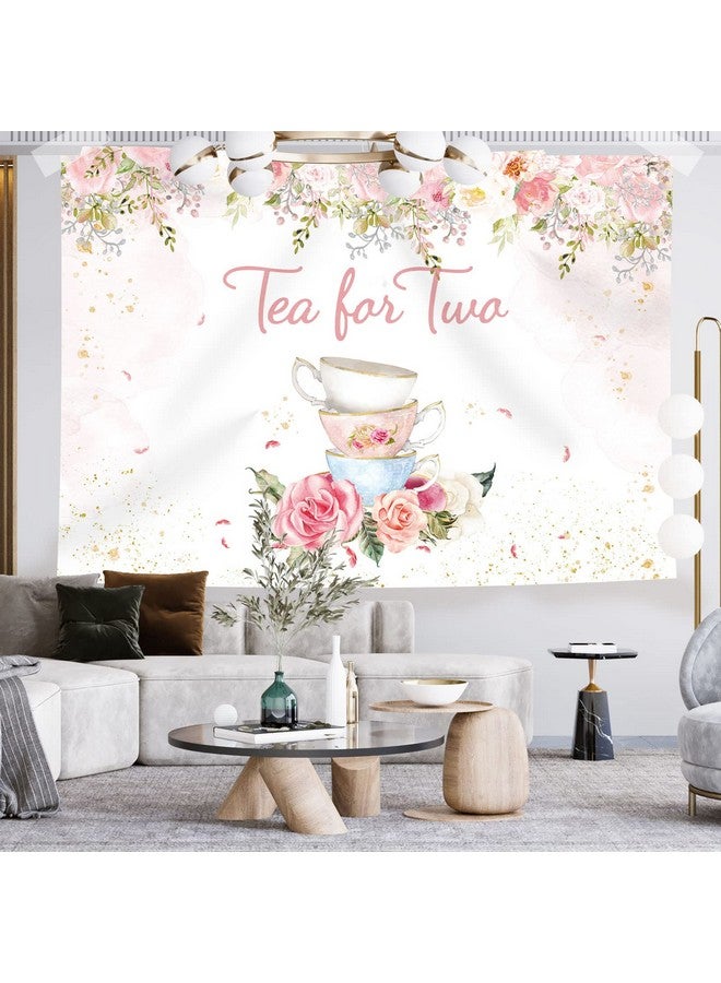 Rsuuinu Tea For Two Backdrop 2Nd Birthday For Baby Girls Photography Background Pink Blush Gold Dots Floral Tea Party Picture Afternoon Banner Party Decor Kids Birthday Supplies Photo Booth 7X5Ft  - Image 5
