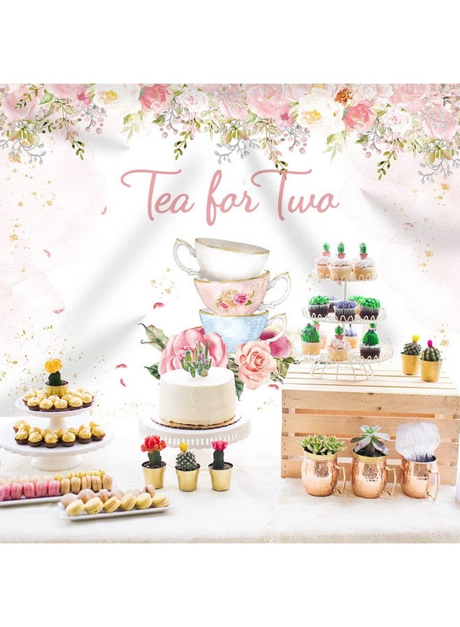 Rsuuinu Tea For Two Backdrop 2Nd Birthday For Baby Girls Photography Background Pink Blush Gold Dots Floral Tea Party Picture Afternoon Banner Party Decor Kids Birthday Supplies Photo Booth 7X5Ft  - Image 4
