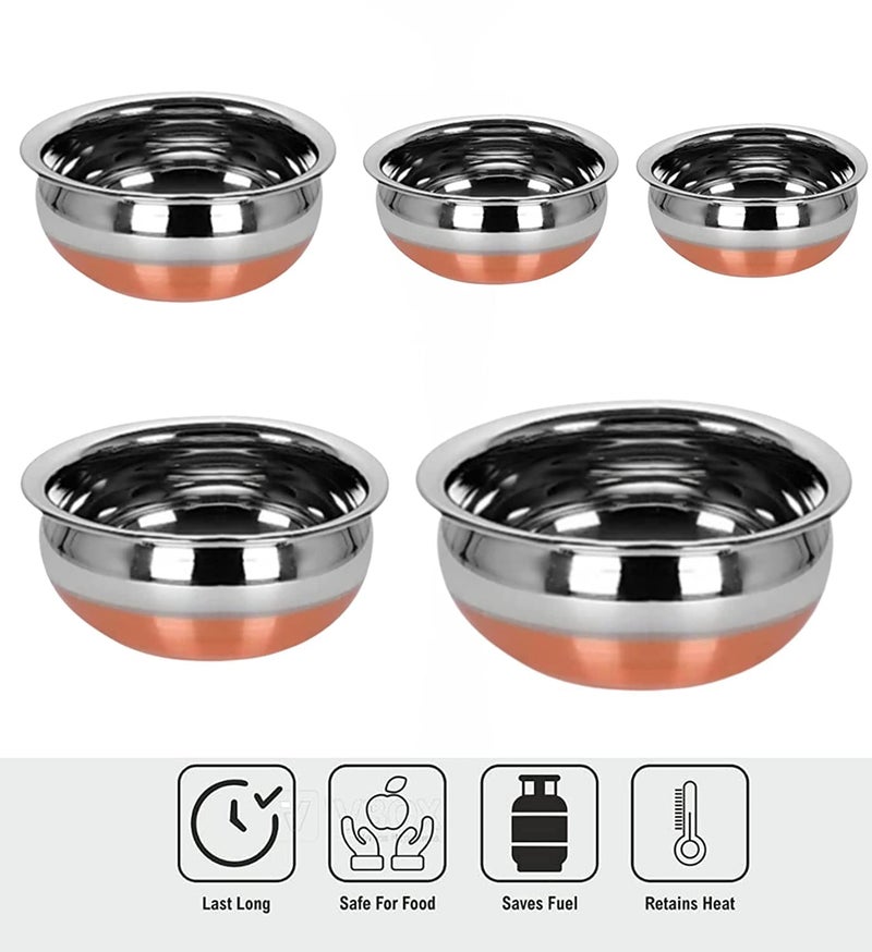 Nirvika Stainless Steel Copper Bottom Handi Kitchen Serving Cooking Bowl |Cookware Set 5-Pieces | Biryani Handi 500 ML,750 ML, 1000 ML,1500ML, 2000 ML - Image 2