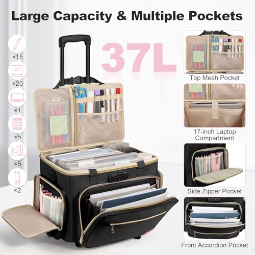 Housolution Rolling Teacher Bag with Wheels, Fits for 17" Laptop, Teacher Tote Bag with Detachable Trolley, Laptop Work Case with Anti Theft Lock, Briefcase Cart with Accordion File Organizer, Black - Image 3