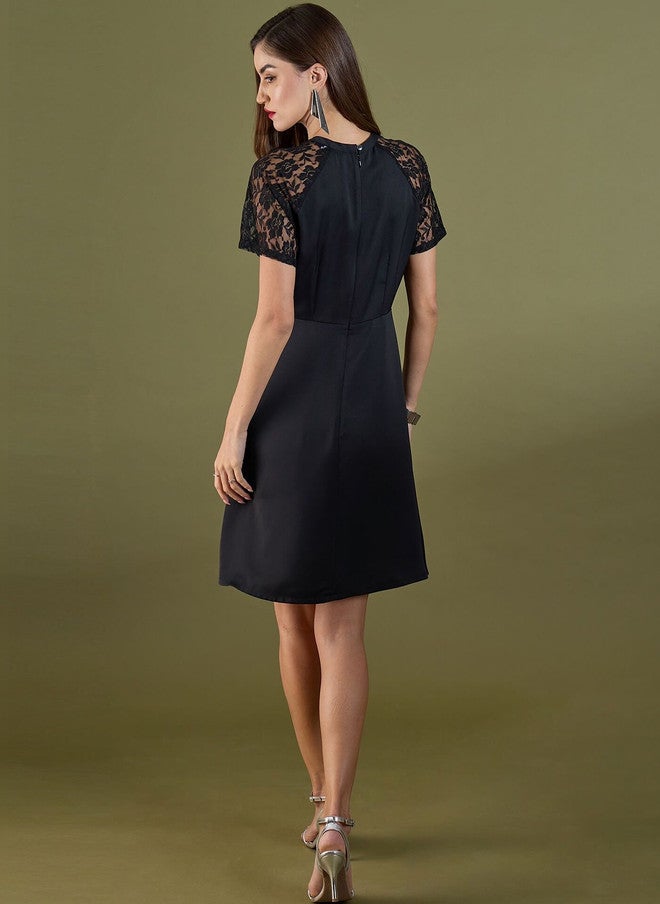 SALT ATTIRE Black Crepe A-Line Dress with Lace Inserts - Image 2