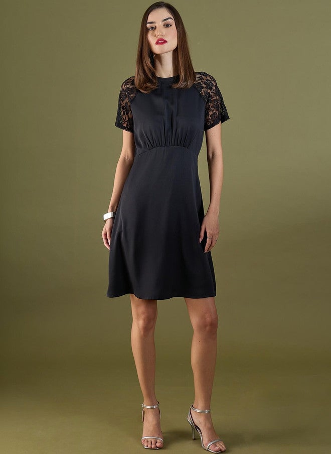SALT ATTIRE Black Crepe A-Line Dress with Lace Inserts - Image 3