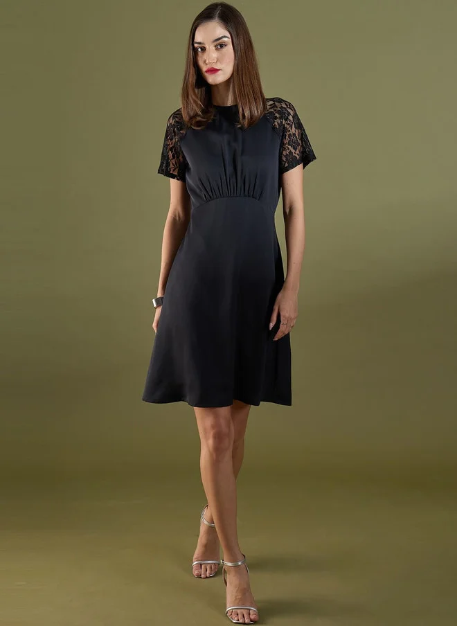 Salt Attire SALT ATTIRE Black Crepe A-Line Dress with Lace Inserts