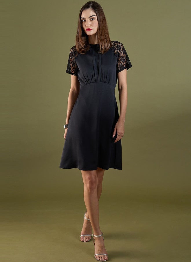 SALT ATTIRE Black Crepe A-Line Dress with Lace Inserts - Image 1