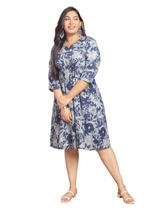 Janasya Women's Plus Size Indigo Cotton Floral Gathered Dress(XLA24DR00281-4XL) - pzsku/Z70FC3B22FE6CEC067206Z/45/_/1738305390/80f4bf57-b03f-4600-b5e2-83136a91241e