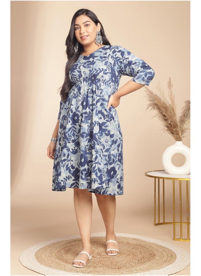 Janasya Women's Plus Size Indigo Cotton Floral Gathered Dress(XLA24DR00281-4XL) - pzsku/Z70FC3B22FE6CEC067206Z/45/_/1738305699/26986ecc-fdc9-4fd4-a2bc-e5c088943edd