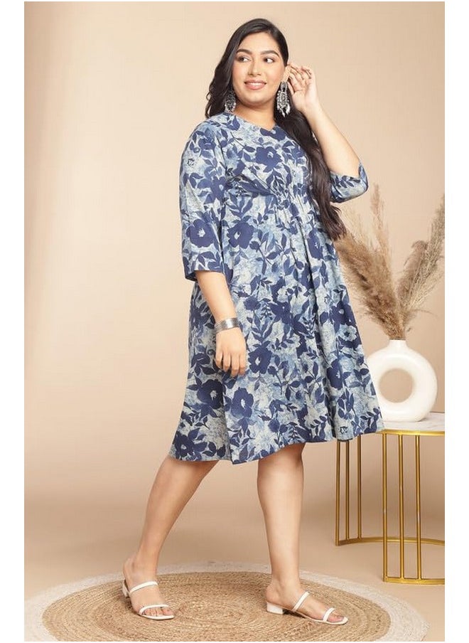 Janasya Women's Plus Size Indigo Cotton Floral Gathered Dress(XLA24DR00281-4XL) - pzsku/Z70FC3B22FE6CEC067206Z/45/_/1738305702/8dc5c6c8-85f9-4f7c-ae3f-f44ccf968c21