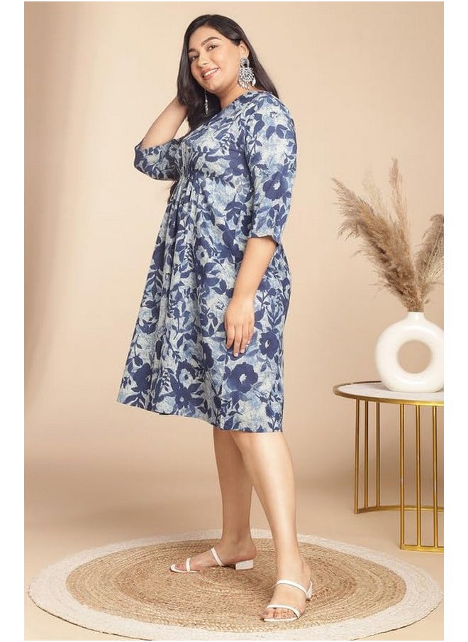 Janasya Women's Plus Size Indigo Cotton Floral Gathered Dress(XLA24DR00281-4XL) - pzsku/Z70FC3B22FE6CEC067206Z/45/_/1738305721/6b87f63a-4b94-49ee-b15c-dac2163050ba