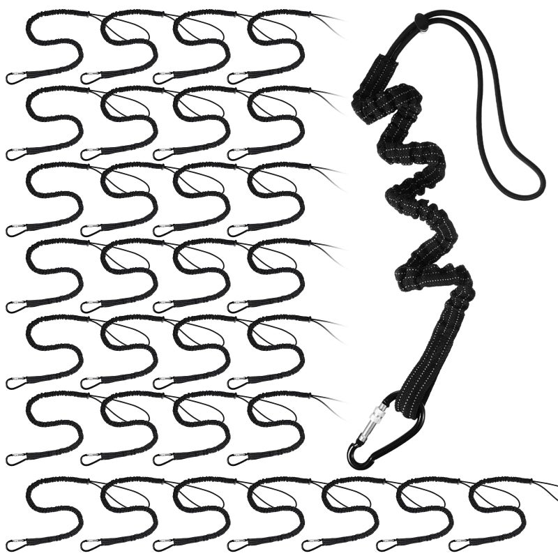 LEIFIDE 32 Pcs Tool Lanyard Standard Length Safety Tool Leash 176lb 8kg Tough Adjustable Fall Protection Tether with Aluminum Screw Lock Buckle Shock Cord Stopper and Retractable Loop End Black