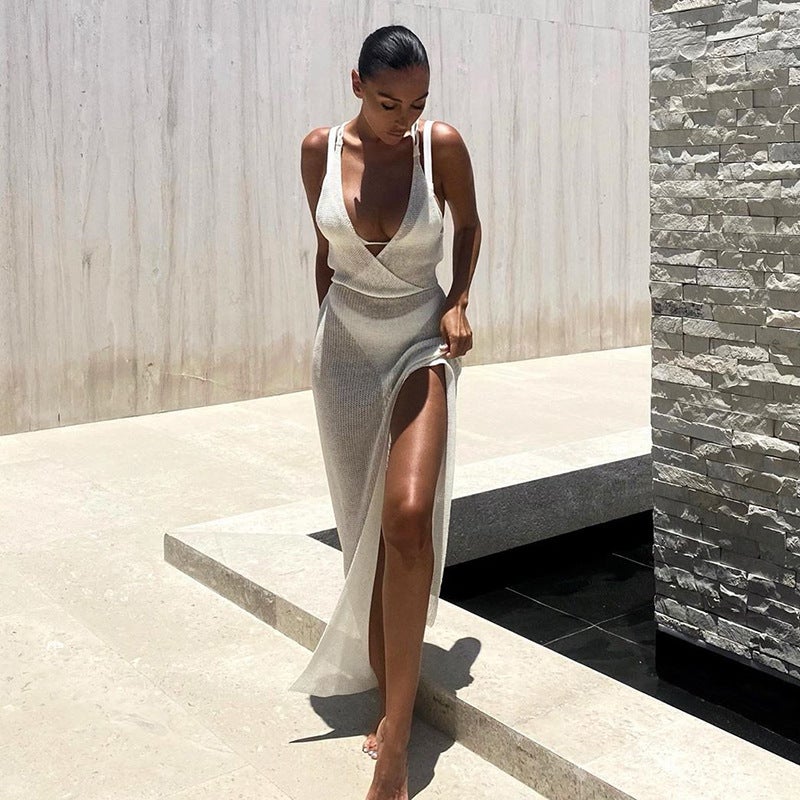 2025 Summer New Fashion V-Neck Backless Tie-Up Beach Vacation Long Dress - Image 2