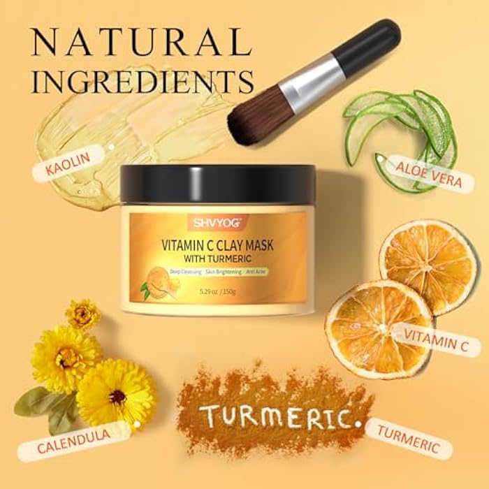 SHVYOG Turmeric Vitamin C Clay Mask with Kaolin Clay for Dull Skin, Deep Cleansing, Face Masks Skincare for Controlling Oil and Refining Pores 5.29 Oz 150g - Image 2
