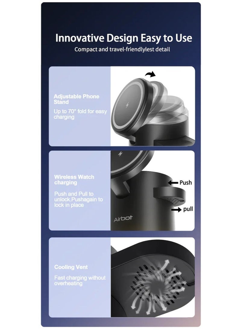 Airbot 4-in-1 Magnetic Wireless Charging Station CS16，15W Fast Qi Charger for iPhone 17/16/15/14/13/12 series,other phones that support wireless charging.Apple/Samsung Watch & AirPods, also has a lighting function，all-in-one wireless charging device, a convenient travel essential. - Image 5