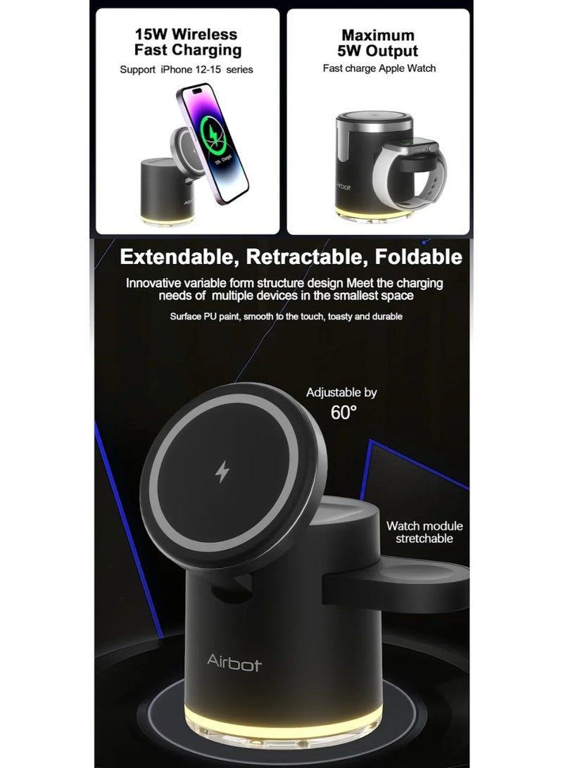 Airbot 4-in-1 Magnetic Wireless Charging Station CS16，15W Fast Qi Charger for iPhone 17/16/15/14/13/12 series,other phones that support wireless charging.Apple/Samsung Watch & AirPods, also has a lighting function，all-in-one wireless charging device, a convenient travel essential. - Image 4