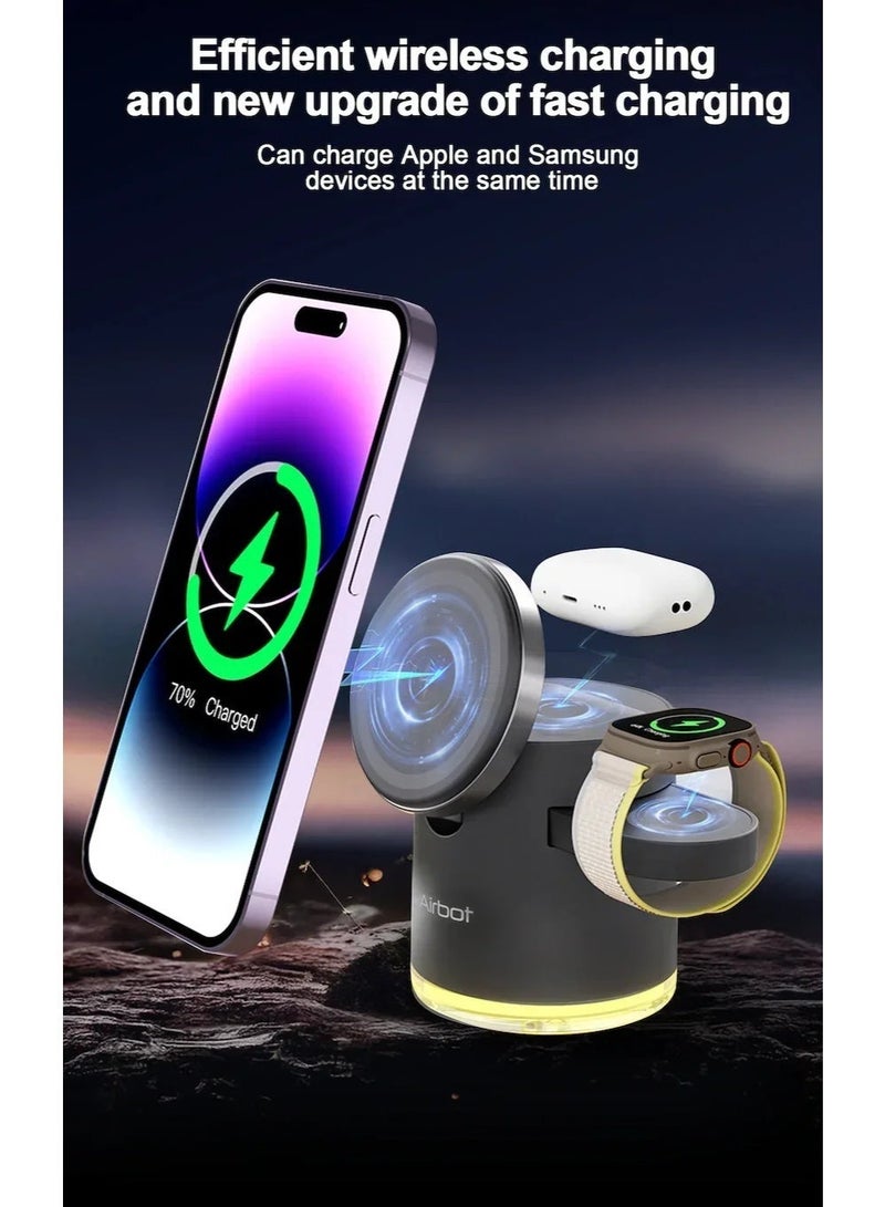 Airbot 4-in-1 Magnetic Wireless Charging Station CS16，15W Fast Qi Charger for iPhone 17/16/15/14/13/12 series,other phones that support wireless charging.Apple/Samsung Watch & AirPods, also has a lighting function，all-in-one wireless charging device, a convenient travel essential. - Image 2