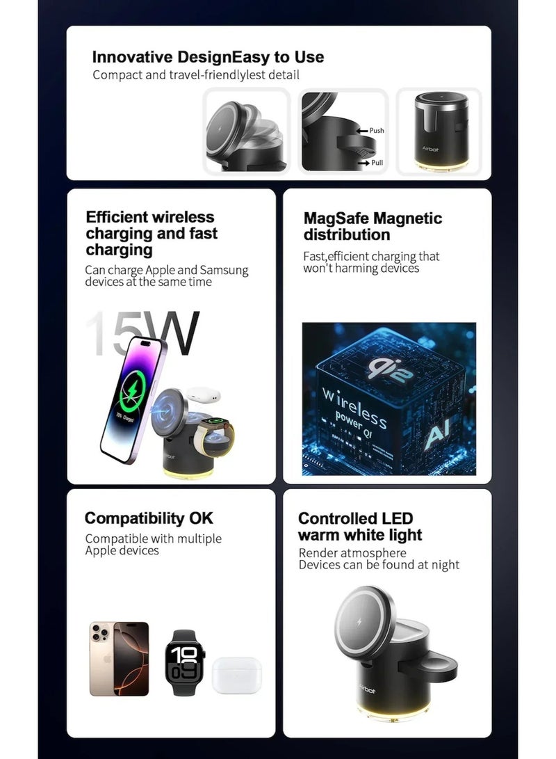 Airbot 4-in-1 Magnetic Wireless Charging Station CS16，15W Fast Qi Charger for iPhone 17/16/15/14/13/12 series,other phones that support wireless charging.Apple/Samsung Watch & AirPods, also has a lighting function，all-in-one wireless charging device, a convenient travel essential. - Image 3