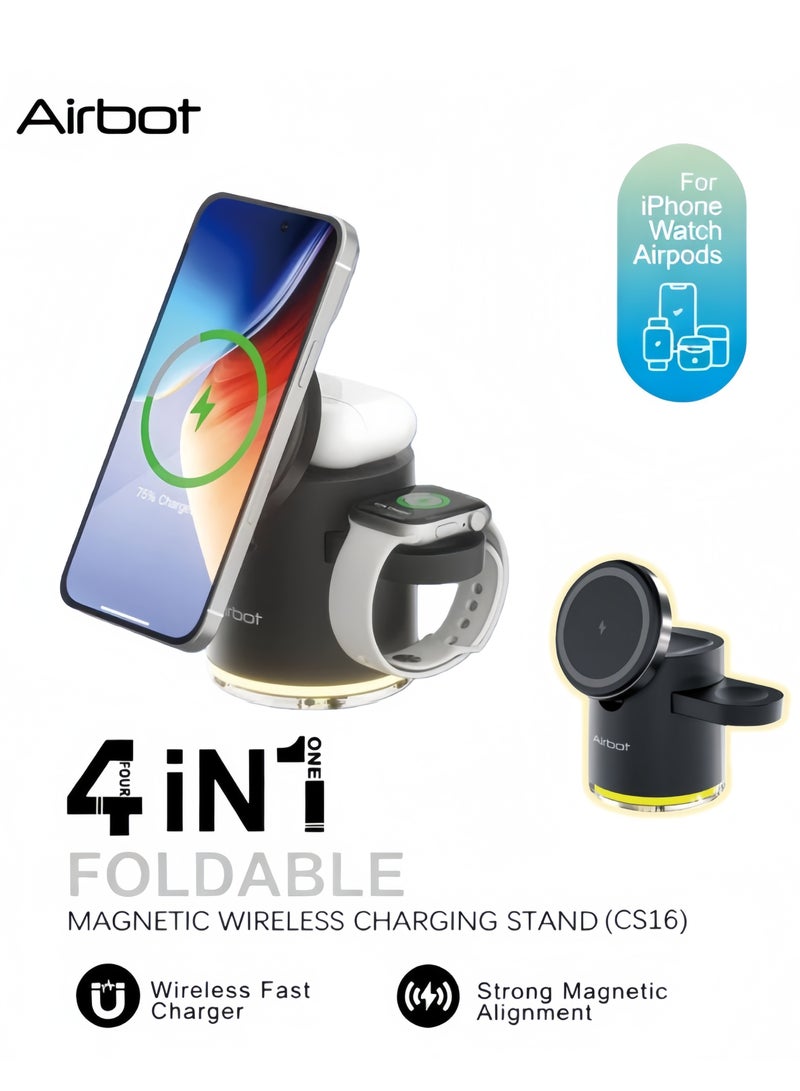 Airbot 4-in-1 Magnetic Wireless Charging Station CS16，15W Fast Qi Charger for iPhone 17/16/15/14/13/12 series,other phones that support wireless charging.Apple/Samsung Watch & AirPods, also has a lighting function，all-in-one wireless charging device, a convenient travel essential. - Image 1