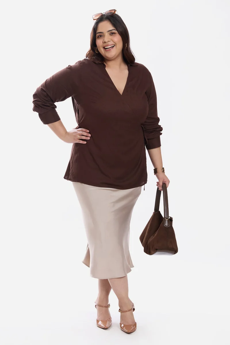 فيرجيو Solid Viscose Collared Tie Front Plus Size Shirt for Women