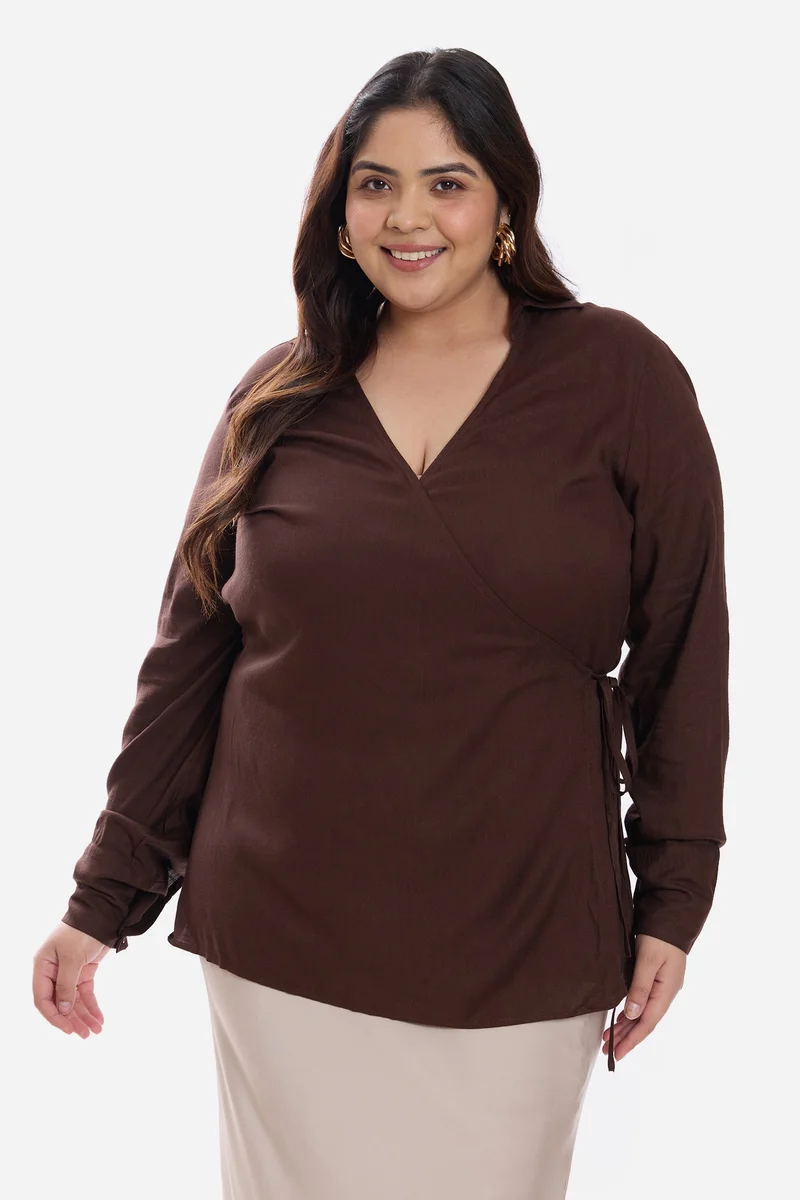 فيرجيو Solid Viscose Collared Tie Front Plus Size Shirt for Women