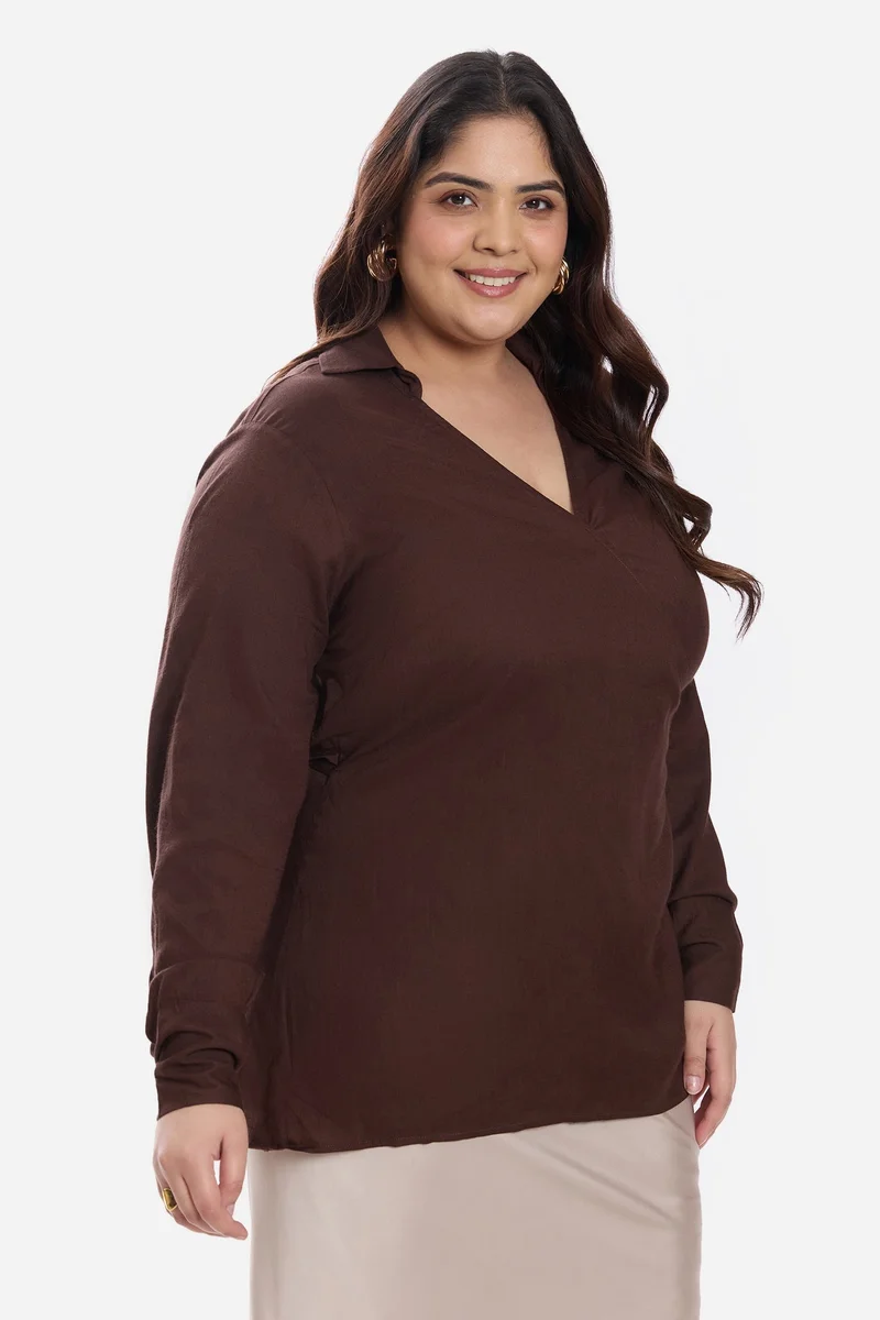 فيرجيو Solid Viscose Collared Tie Front Plus Size Shirt for Women