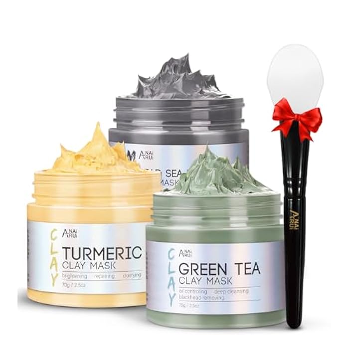 ANAI RUI 3Pcs Face Mask Set, Turmeric Clay Mask - Green Tea Face Mask - Dead Sea Minerals Mud Mask, Holiday Gift Set, Stocking Stuffers for Women &Teen Girls, Self Care Gifts for Women 2.5 oz each - Image 1