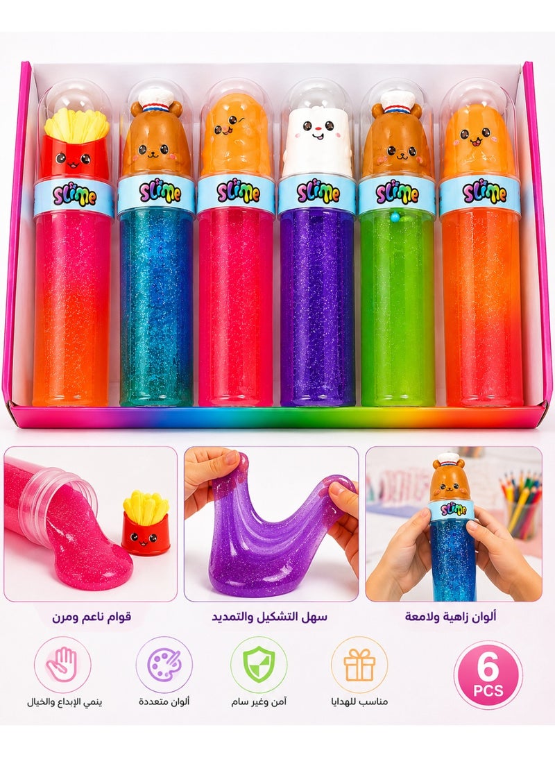 STORE 7 Galaxy Glitter Slime Toy for Kids – Transparent and Colorful Glitter Slime with Assorted Cartoon Character Toppers – 6-Piece Set - Image 1