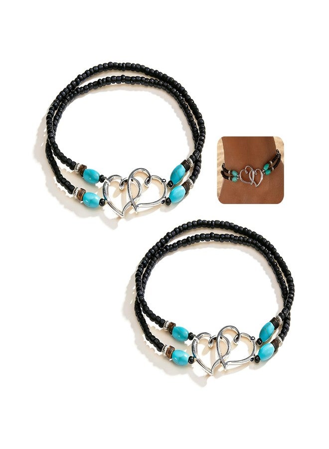 Xeyau 2PC Ankle Bracelets for Women Beaded Heart Ankle Bracelet Waterproof Bohemian Big Plus Size Anklets Summer Beach Accessories Boho Jewelry (Black-Silver) - Image 1