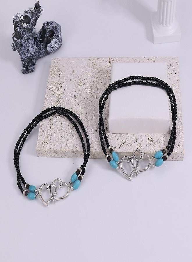 Xeyau 2PC Ankle Bracelets for Women Beaded Heart Ankle Bracelet Waterproof Bohemian Big Plus Size Anklets Summer Beach Accessories Boho Jewelry (Black-Silver) - Image 5