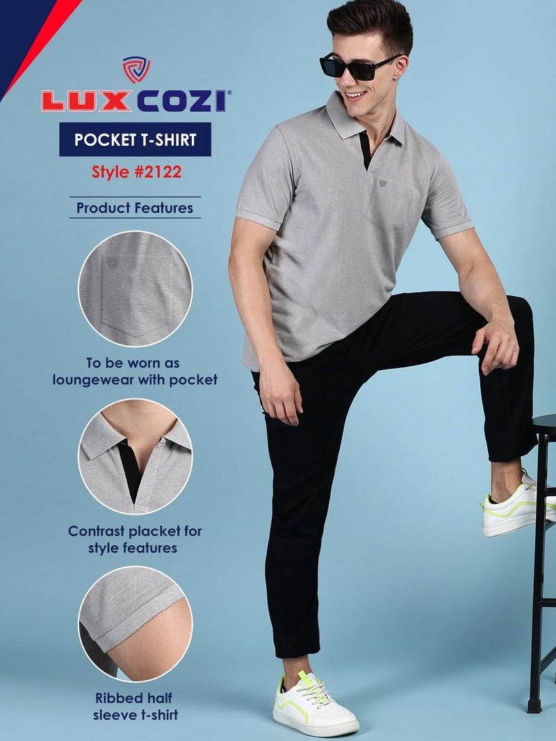 Lux Cozi Men's Half Sleeve Soild Casual T-Shirt with Chest Pocket_COZI_2122_GM_3XL_1PC Grey Melange - Image 2