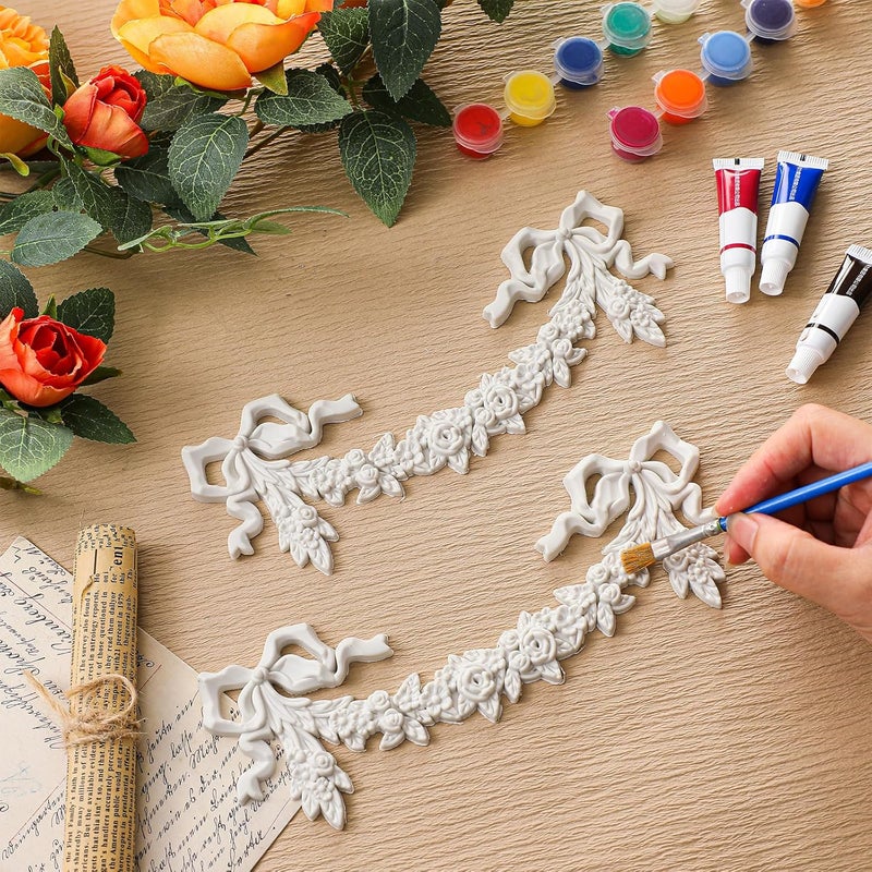 Roowest 2 Pcs Bow Carved Appliques Onlays White PVC Appliques for Furniture Decorative 3D Roses Carved Onlay DIY Decorative for Cabinet Dresser Bed Door Wall Wardrobe Ceiling - Image 2