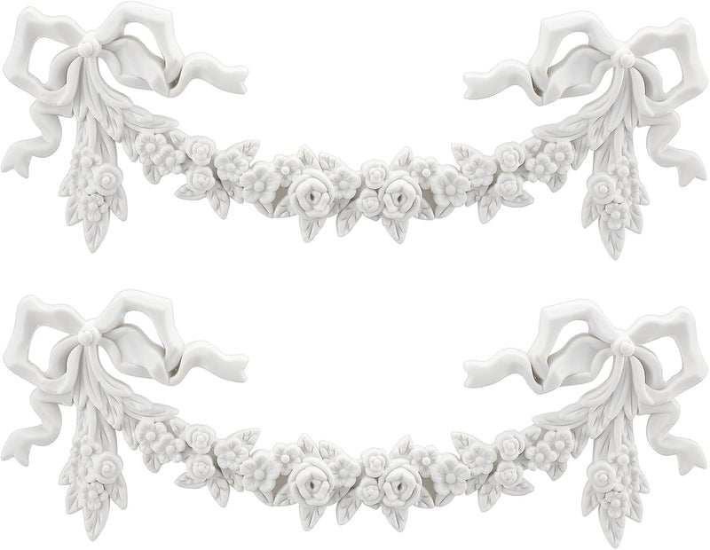 Roowest 2 Pcs Bow Carved Appliques Onlays White PVC Appliques for Furniture Decorative 3D Roses Carved Onlay DIY Decorative for Cabinet Dresser Bed Door Wall Wardrobe Ceiling - Image 1