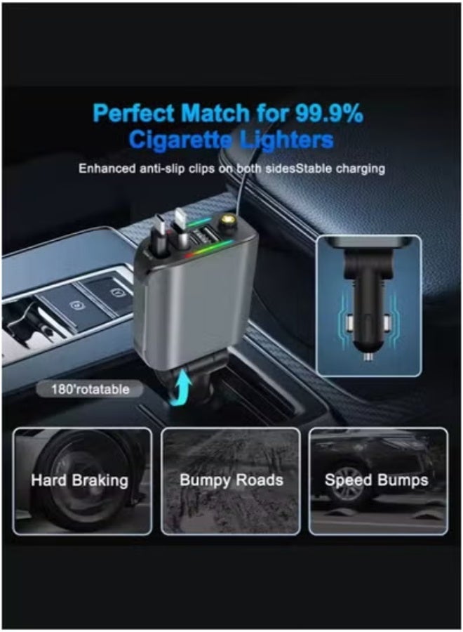 TIGER 120W 4-in-1 Retractable Car Charger with USB-A & USB-C Cables – PD Fast Charging Adapter for Phones, Tablets, GPS – LED Starry Sky Dual Port Car Charger with Over-Current, Over-Voltage, Overheat & Short-Circuit Protection – Compact, Sleek, Travel-Friendly Design - Image 4