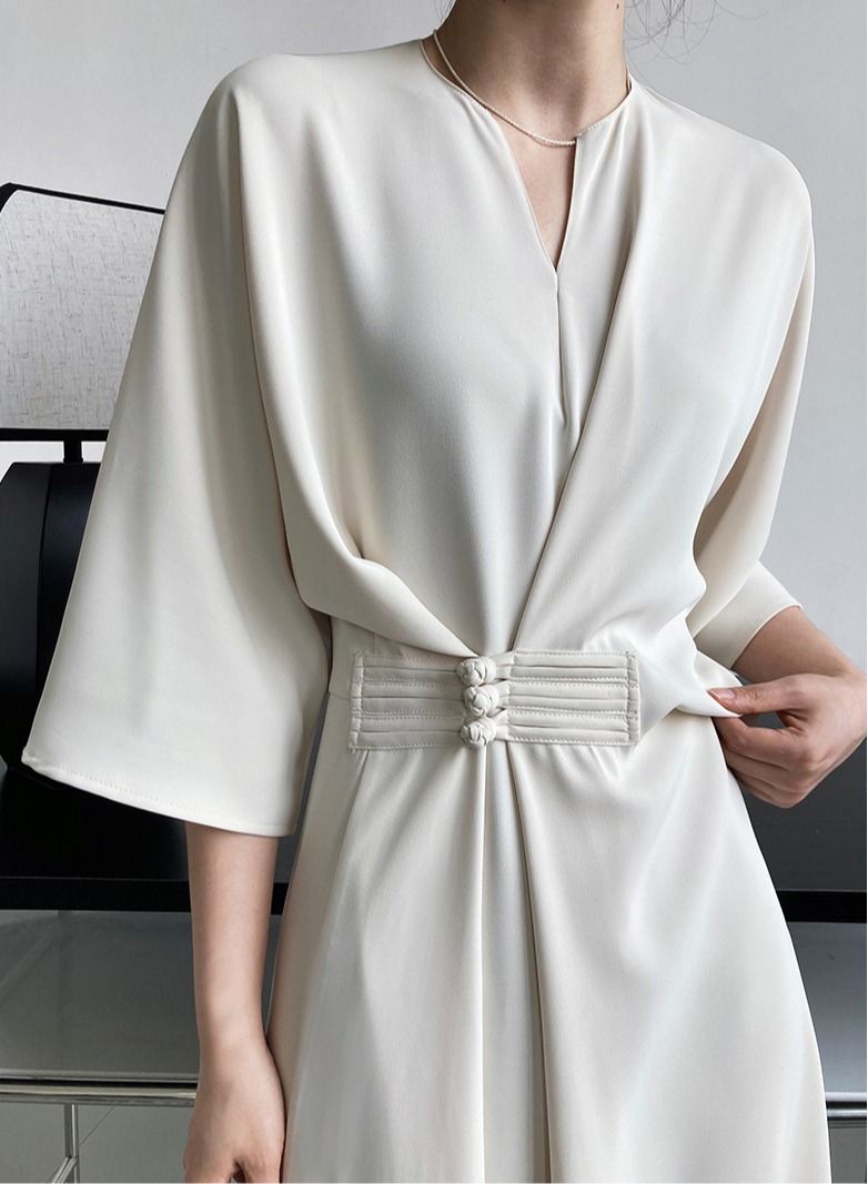 NIBEMINENT Women's Dress Straight Version New Chinese Style Improved Long Skirt with Advanced Knot Button Waist Tie Dignified and Concise  - Image 2