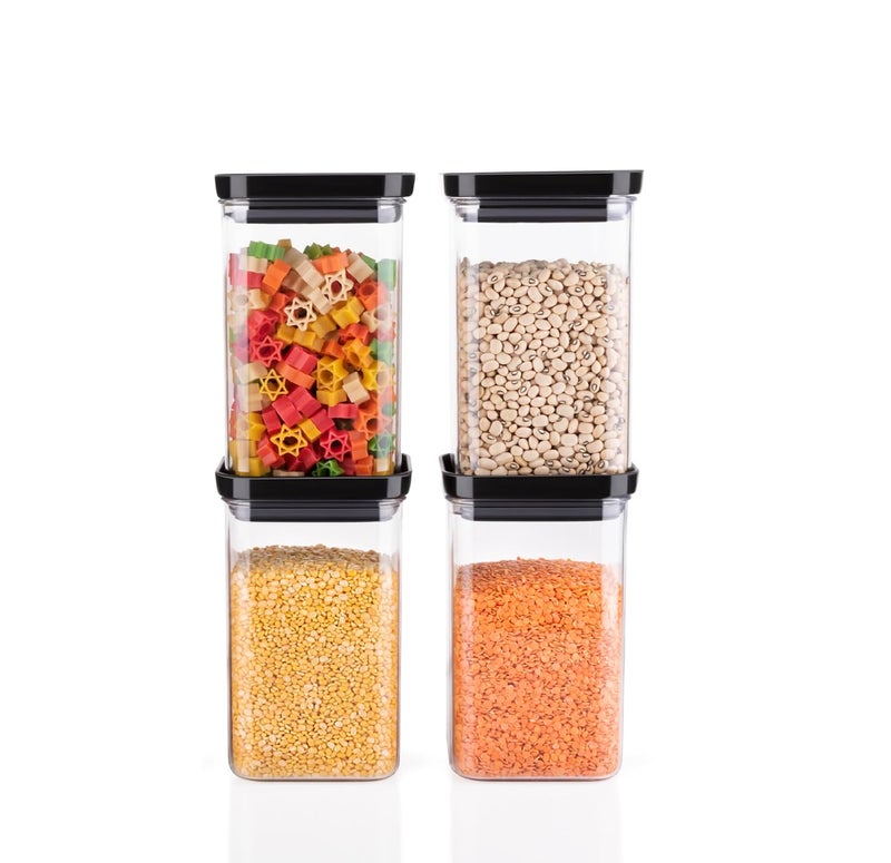 Entisia Plastic Containers for Kitchen Storage Airtight BPA Free Storage Boxes for Kitchen Square Shaped Classical Jar to Store Grocery Masala Snacks for Home Kitchen 1100ml 4 Pcs - Image 1