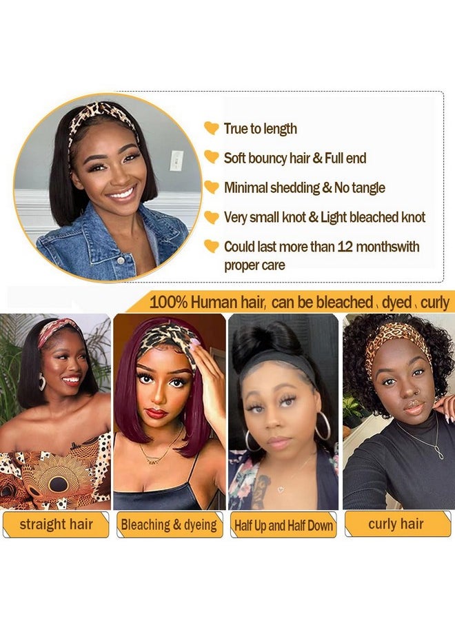 Miss Lee - Straight Bob Headband Wig Human Hair None Lace Wigs For Black Women Glueless Short 100% Brazilian Virgin Head Band Easy To Install Half With Free - Image 1