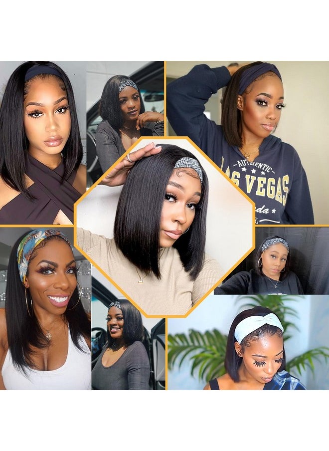 Miss Lee - Straight Bob Headband Wig Human Hair None Lace Wigs For Black Women Glueless Short 100% Brazilian Virgin Head Band Easy To Install Half With Free - Image 1