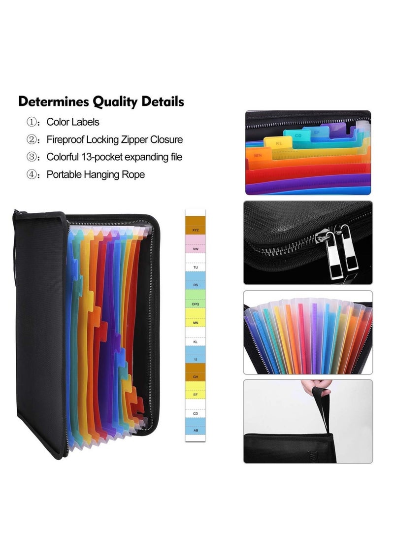 Captaintech 13 Pocket Expanding File Folder Document Organizer A4 Size Accordian File Folder Organizer Accordion Folder with Color Labels Zipper Closure Non-Itchy Silicone Coated Portable Filing Pouch - Image 2