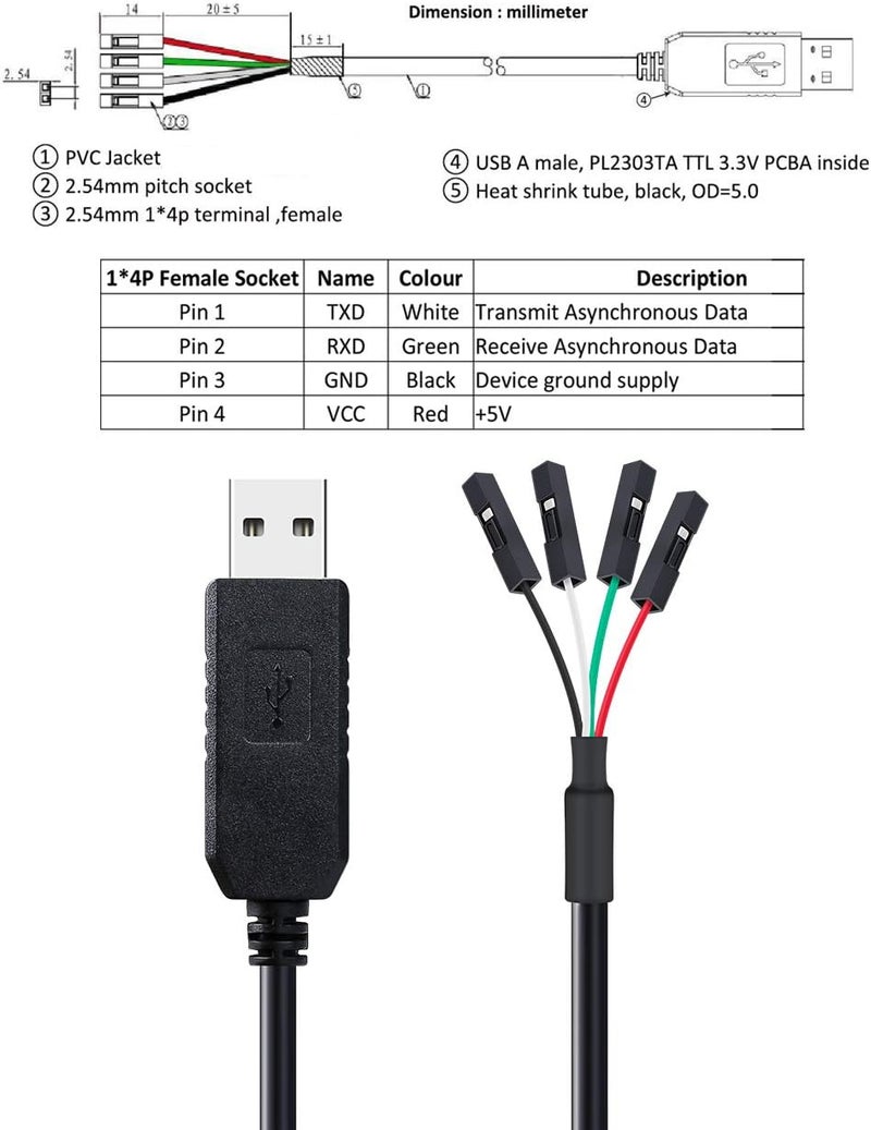 D-tech USB to TTL Serial 3.3V Adapter Cable TX RX Signal 4 Pin 0.1 inch Pitch Female Socket PL2303 Prolific Chip Windows 10 8 7 XP Vista (6ft, Black) - Image 3