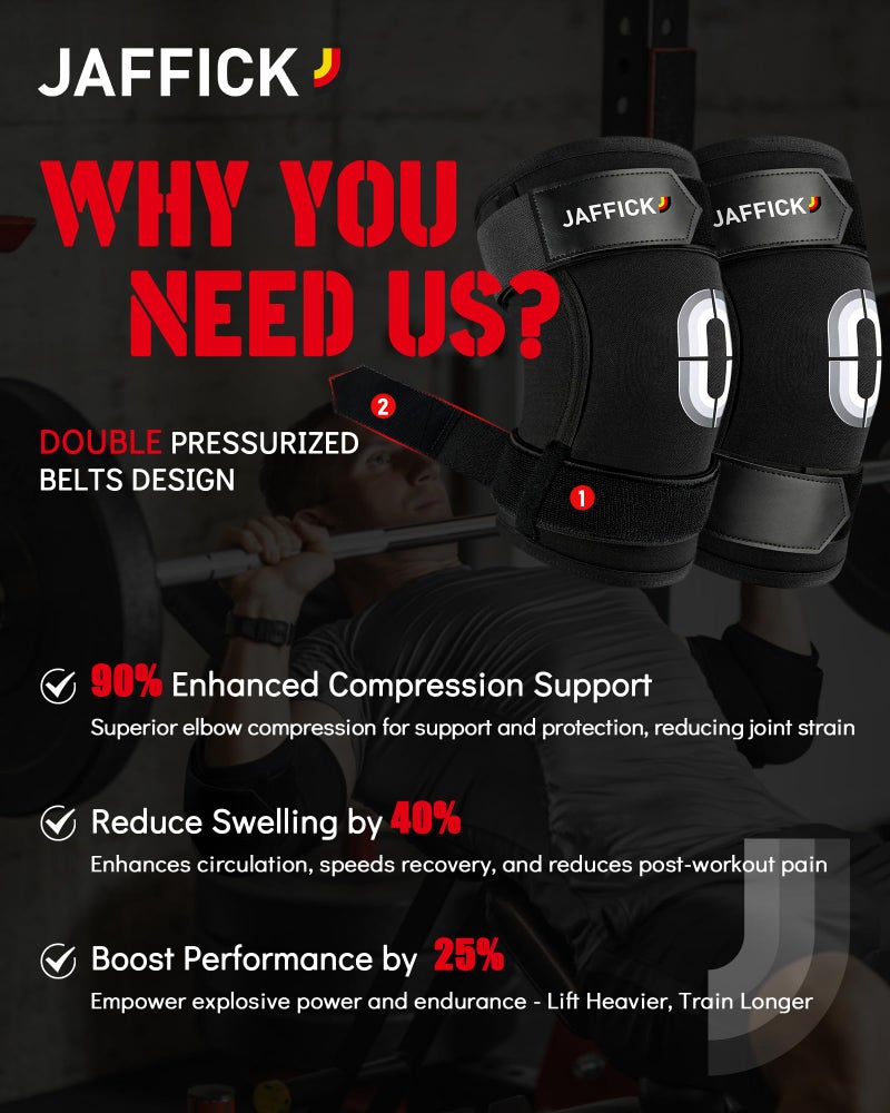 Jaffick Weightlifting Elbow Brace(1 Pair) - Elbow Sleeve with Dual Adjustable Compression Straps for Bench Press, Powerlifting, Pressing, Men & Women (Black, XL) - Image 4