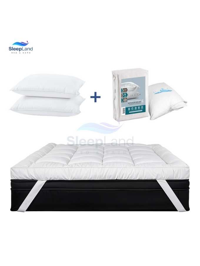 SleepLand Luxury hotel mattress pad package, 160 x 200 cm, 14 cm high, with a pillowcase set and two hotel pillows. - Image 1