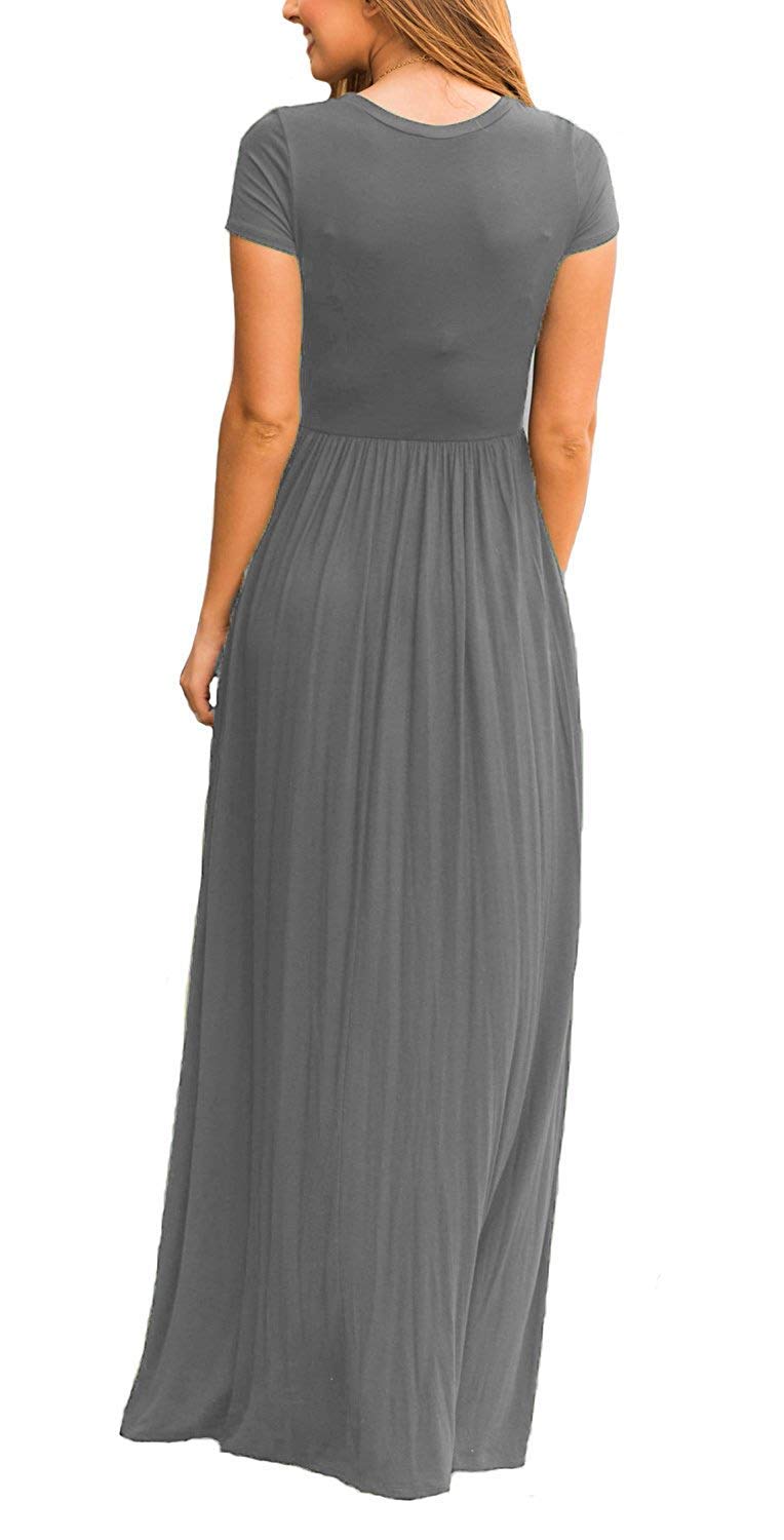 DEARCASE Maxi Dress for Women Grey X-Large Crewneck Short Sleeves Wedding Guest A-line Casual Loose Party Vintage Spring Summer Beach Long Dresses with Pockets - Image 3
