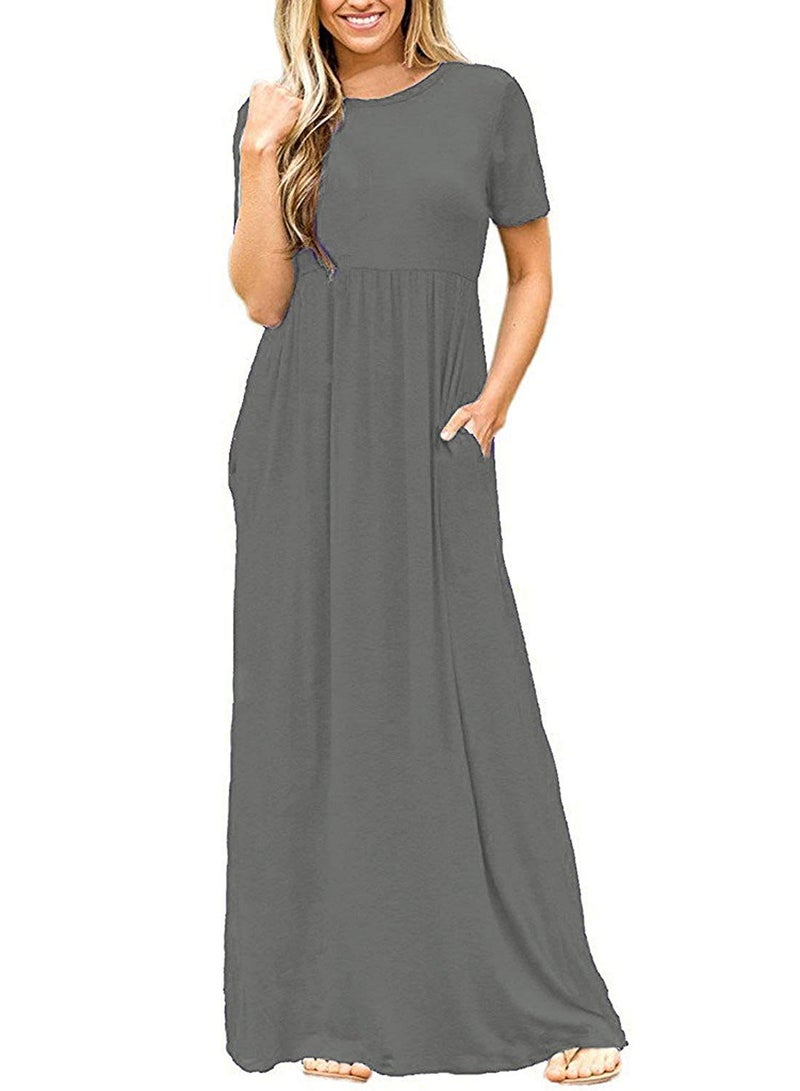 DEARCASE Maxi Dress for Women Grey X-Large Crewneck Short Sleeves Wedding Guest A-line Casual Loose Party Vintage Spring Summer Beach Long Dresses with Pockets - Image 1